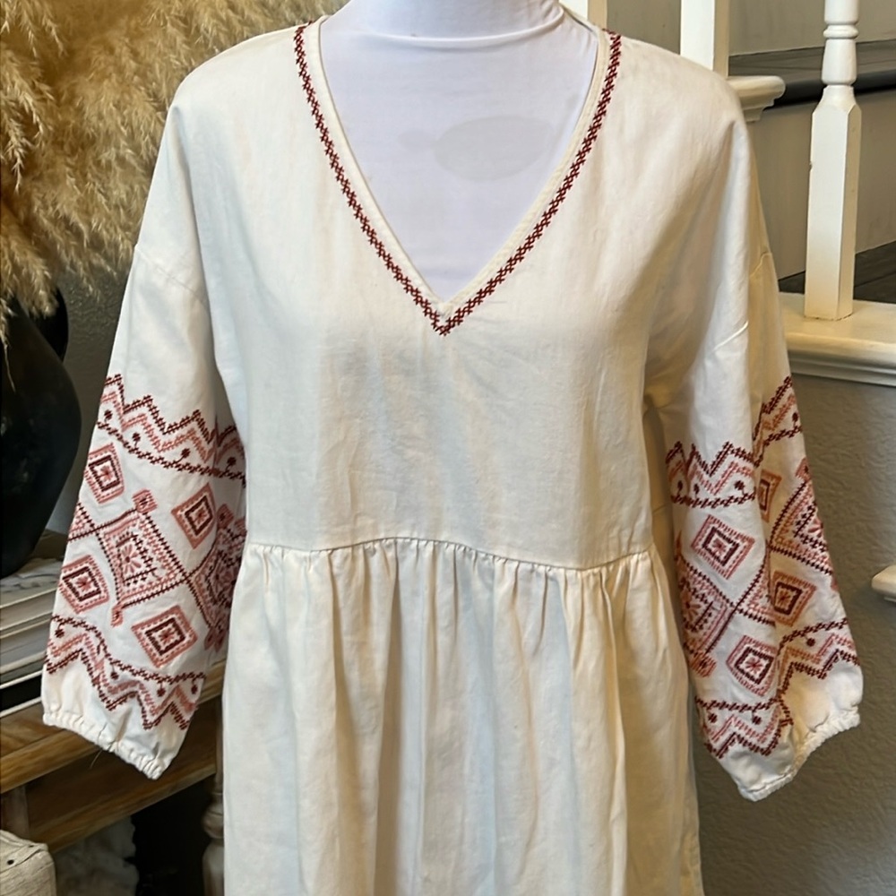 Madewell Linen Blend Embroidered-Sleeve Popover Midi Dress Size Small - Picture 5 of 9
